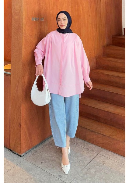 Manşeti Biyeli Tunik Pembe