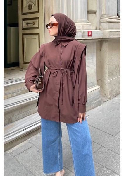 Bel Bağlamalı Omuz Vatkalı Gömlek Acı Kahverengi