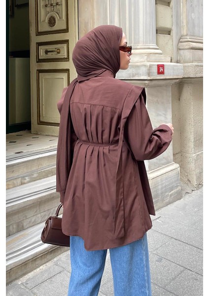 Bel Bağlamalı Omuz Vatkalı Gömlek Acı Kahverengi modelleri