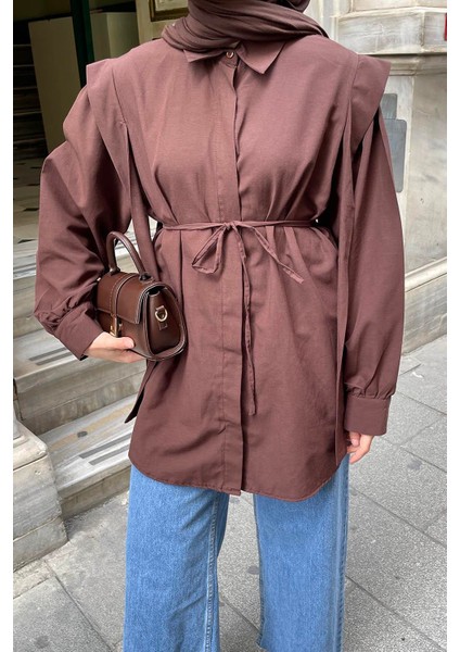 Bel Bağlamalı Omuz Vatkalı Gömlek Acı Kahverengi fırsatları