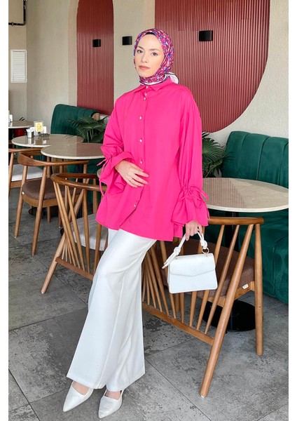 Kol Tünel Ip Detaylı Gömlek Fuşya
