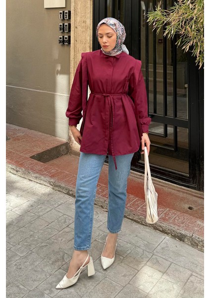 Bordo Bel Bağlamalı Omuz Vatkalı Gömlek Uzun Kol Pamuk Polyester Düz Desen Kadın