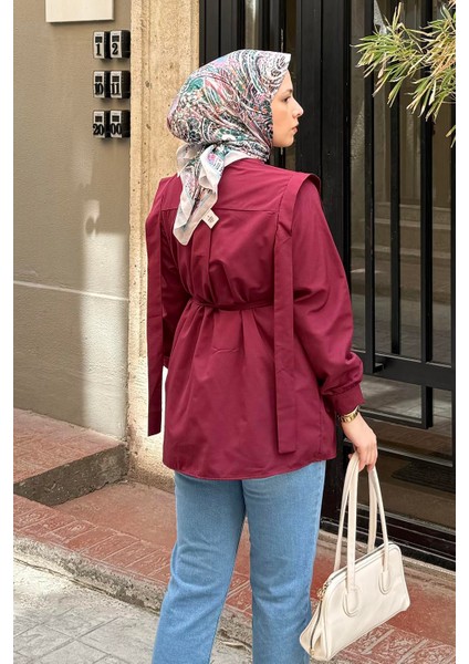Bordo Bel Bağlamalı Omuz Vatkalı Gömlek Uzun Kol Pamuk Polyester Düz Desen Kadın fiyatları