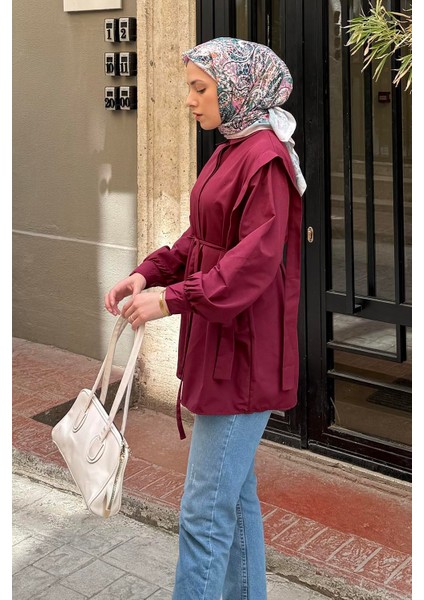 Bordo Bel Bağlamalı Omuz Vatkalı Gömlek Uzun Kol Pamuk Polyester Düz Desen Kadın modelleri