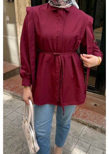 Bordo Bel Bağlamalı Omuz Vatkalı Gömlek Uzun Kol Pamuk Polyester Düz Desen Kadın fırsatları
