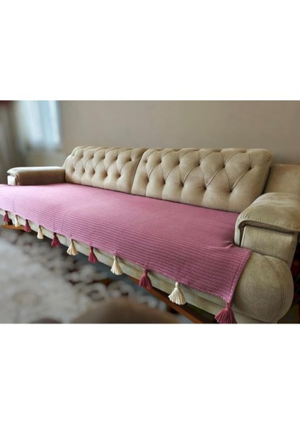 Renkli Püsküllü Koltuk Koltuk Örtüsü GÜL KURUSU 90X210 EBATINDA