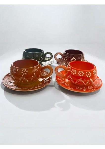 Dekoratif Şık Tasarım Tamamen El Yapımı Yeşil, Turuncu, Mavi ve Kahverengi 4 Kişilik Kahve Fincanı