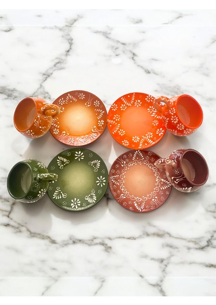 Dekoratif Şık Tasarım Tamamen El Yapımı Yeşil, Turuncu, Mavi ve Kahverengi 4 Kişilik Kahve Fincanı fiyatları