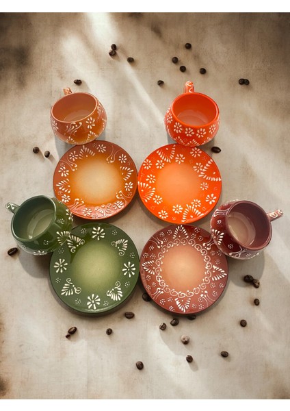 Dekoratif Şık Tasarım Tamamen El Yapımı Yeşil, Turuncu, Mavi ve Kahverengi 4 Kişilik Kahve Fincanı fırsatları