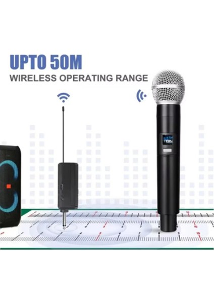 Profesyonel Çiftli Kablosuz Mikrofon Seti Karaoke Şarj Edilebilir 50 Metre Mesafe