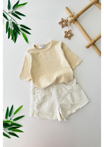 Yırtık Kot Şortlu Kız Çocuk Kalp Işlemeli Takım - Krem