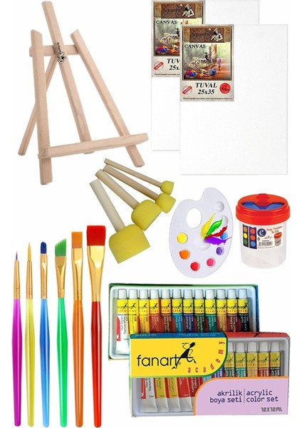 Mini Şövale 25X35 2 Li Tuval Fanart 12 Renk Akrilik Boya Başlangıç Seti Fırça Palet Ponpon Su Kabı Masaüstü Sanatsal