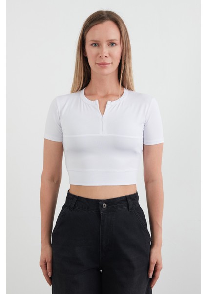 Basic Yarım Fermuarlı Dalgıç Kumaş Crop Tişört