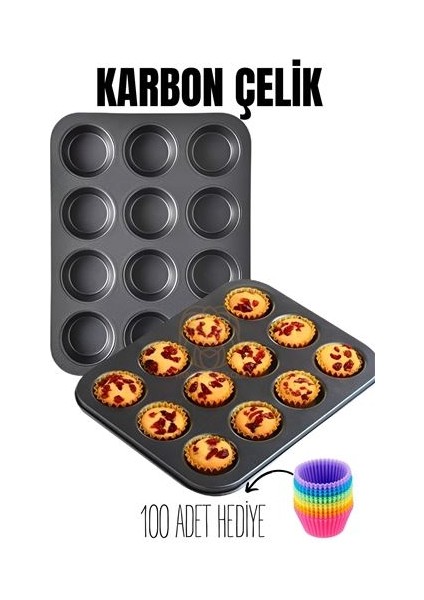12'li Muffin Kalıbı Teflon Çelik 100 Muffin Kağıtlı