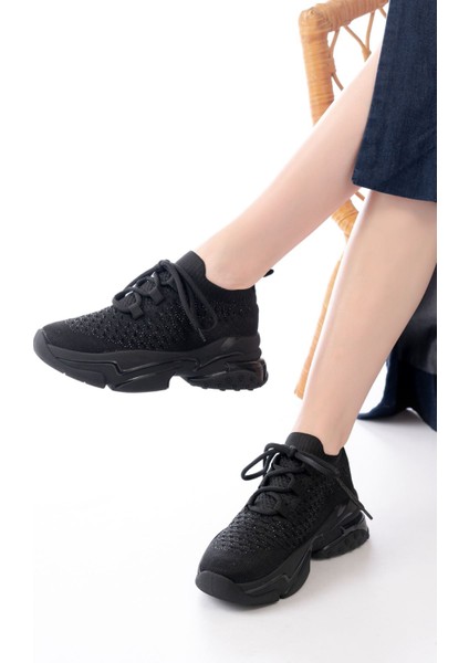 SP-2024 Siyah Günlük Bağcıklı Fileli Taş Aksesuarlı Kadın Spor Ayakkabı fiyatları