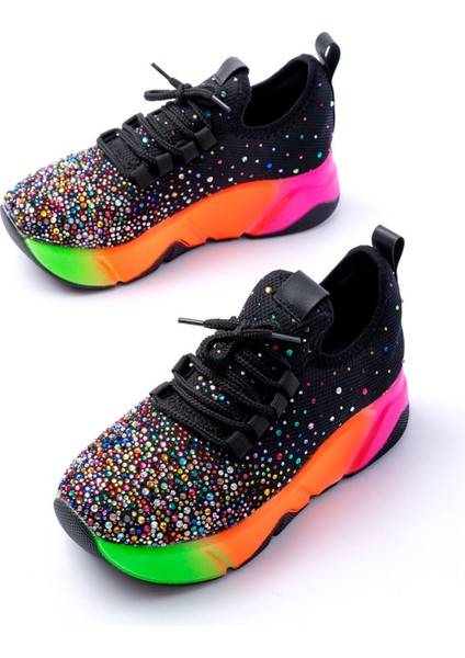 RS-403 Siyah Bağcıklı Fileli Multi Taşlı Renkli Taban Günlük Kadın Spor modelleri