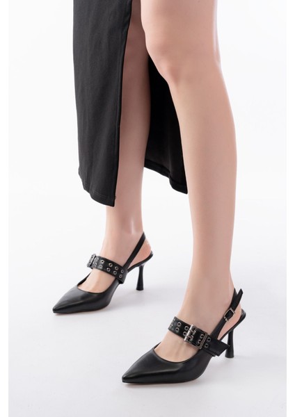 İNF-260 Siyah Günlük Arkası Açık Baret Tokalı Topuklu Bayan Ayakkabı fiyatları