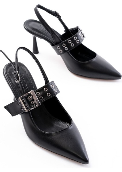 İNF-260 Siyah Günlük Arkası Açık Baret Tokalı Topuklu Bayan Ayakkabı modelleri