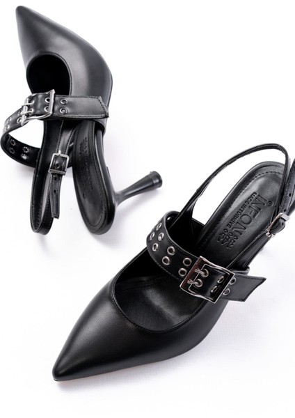 İNF-260 Siyah Günlük Arkası Açık Baret Tokalı Topuklu Bayan Ayakkabı fırsatları