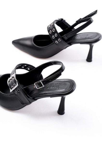 İNF-260 Siyah Günlük Arkası Açık Baret Tokalı Topuklu Bayan Ayakkabı indirimleri