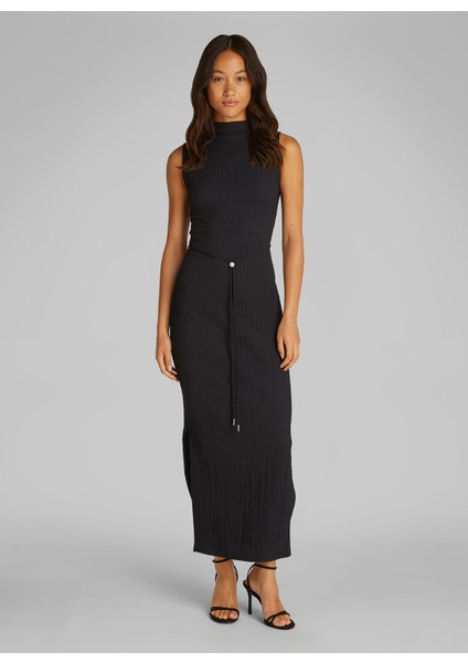 Dik Yaka Düz Siyah Standart Kadın Elbise K20K208304BEH