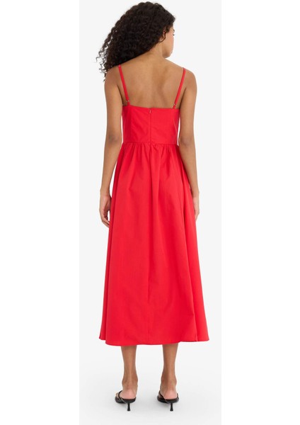 V Yaka Poplin Askılı Kırmızı Midi Elbise