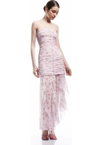 Straplez Yaka Pembe Midi Kadın Elbise 5SAK80046PK