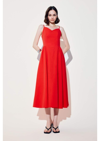 V Yaka Poplin Askılı Kırmızı Midi Elbise F7075AX25SM