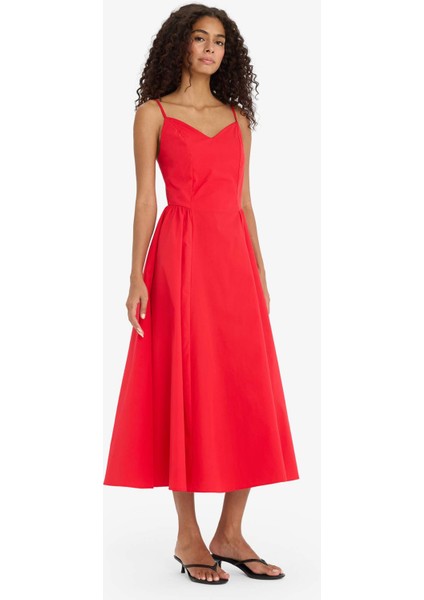 V Yaka Poplin Askılı Kırmızı Midi Elbise F7075AX25SM indirimleri