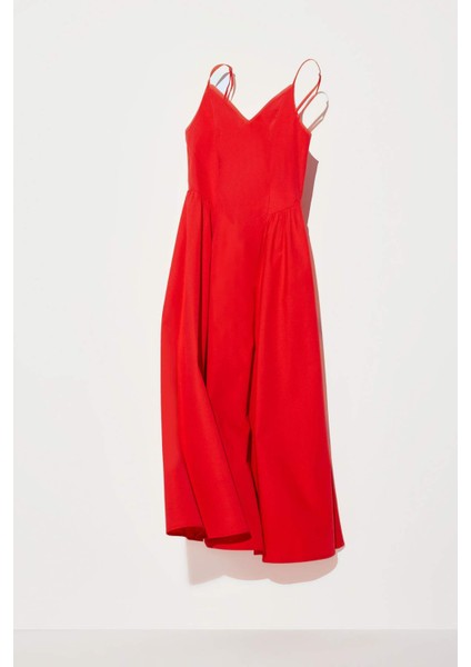 V Yaka Poplin Askılı Kırmızı Midi Elbise F7075AX25SM