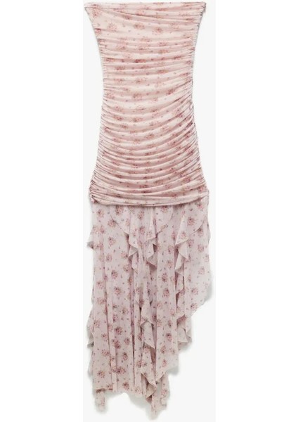 Straplez Yaka Pembe Midi Kadın Elbise 5SAK80046PK modelleri