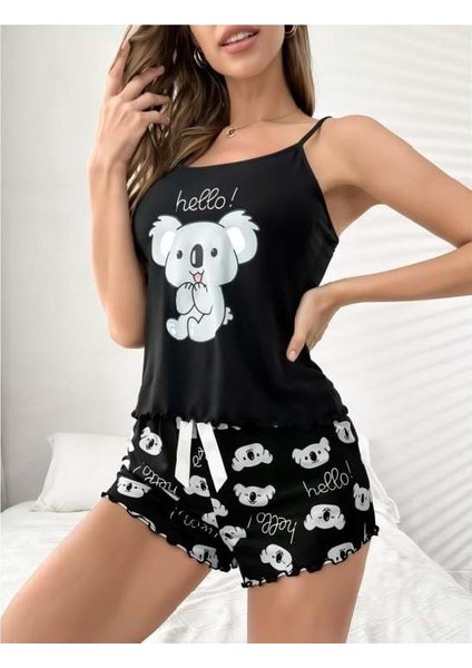 Kampanya Estevia Kuala Desenli Askılı Şortlu Siyah Pijama Takımı Yeni!!!
