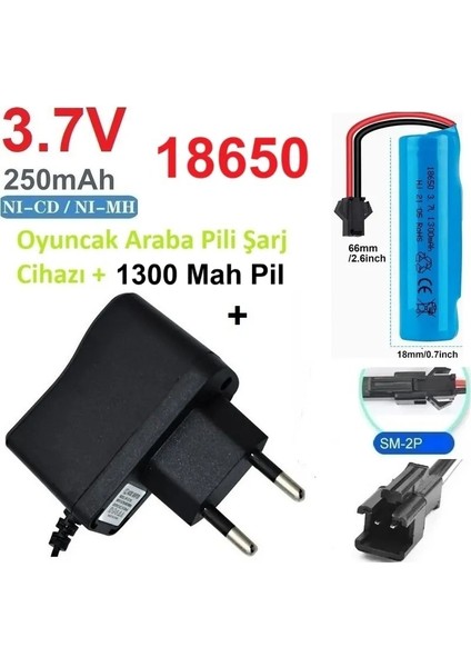 Oyuncak Araba Pili Şarj Cihazı + 2 Adet 1300 Mah 3.7V 18650 Li-Ion Pil