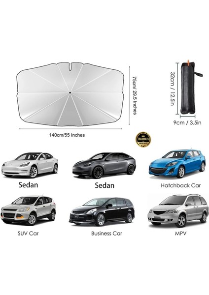 Renault Twingo(Elektrikli) 2020-2021-2022-2023-2024-2025 Bükülebilir Saplı Katlanabilir Oto Güneşlik Şemsiye Uv Koruma & Isı Yalıtımı