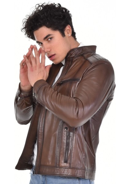 Hakiki Deri Kahverengi Oscar Yatay Cepli Erkek Deri Ceket