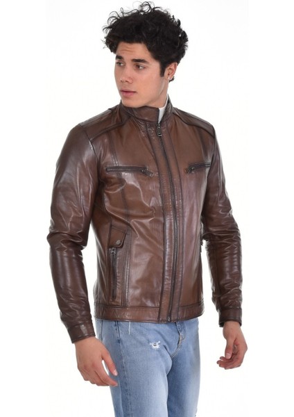 Hakiki Deri Kahverengi Oscar Yatay Cepli Erkek Deri Ceket fırsatları
