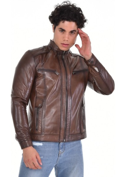 Hakiki Deri Kahverengi Oscar Yatay Cepli Erkek Deri Ceket