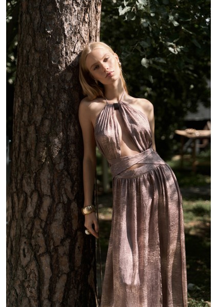 Ruadhan Boncuk Detaylı Vizon Uzun Elbise