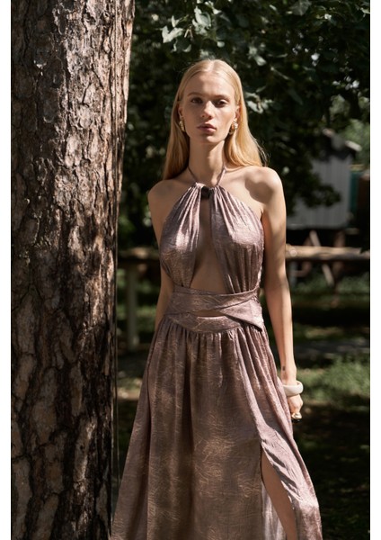 Ruadhan Boncuk Detaylı Vizon Uzun Elbise modelleri