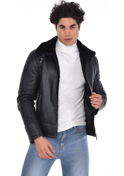 Hakiki Deri Kürk Yaka Siyah Erkek Deri Mont Yandan Cepli Deri Ceket