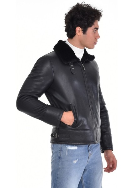 Hakiki Deri Kürk Yaka Siyah Erkek Deri Mont Yandan Cepli Deri Ceket fırsatları