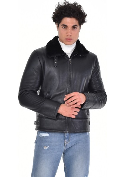 Hakiki Deri Kürk Yaka Siyah Erkek Deri Mont Yandan Cepli Deri Ceket