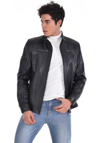 Hakiki Deri Siyah Erkek Deri Mont Üst ve Yandan Cepli Deri Ceket