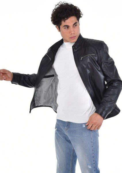 Hakiki Deri Siyah Erkek Deri Mont Üst ve Yandan Cepli Deri Ceket fiyatları