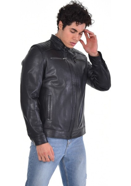 Hakiki Deri Siyah Erkek Deri Mont Üst ve Yandan Cepli Deri Ceket indirimleri