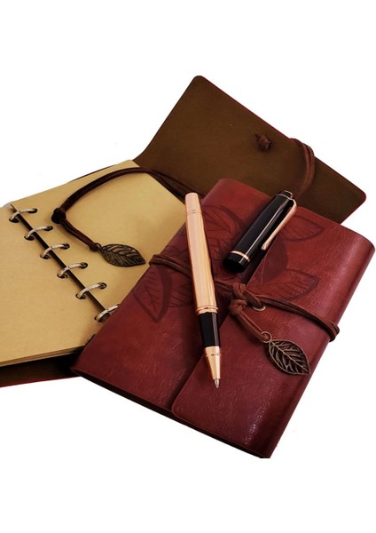 Ahşap Kutulu Kahve Deri Defter ve Metal Bakır Kalem - AGT4131-8130