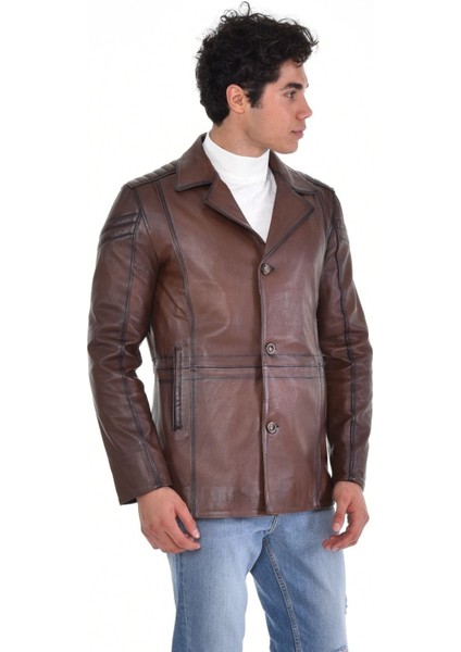 Hakiki Deri Kahverengi Ingiliz Yaka Düğmeli Erkek Deri Ceket indirimleri