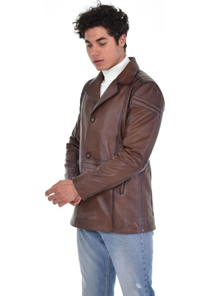 Hakiki Deri Kahverengi Ingiliz Yaka Düğmeli Erkek Deri Ceket