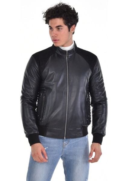 Hakiki Deri Siyah Erkek Deri Mont Hakim Yaka Çift Cepli Deri Ceket
