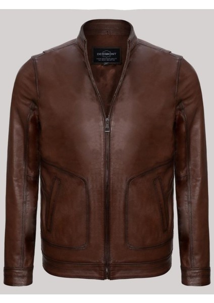 Hakiki Deri Kahverengi Erkek Deri Mont Yan Cepli Fermuarlı Deri Ceket
